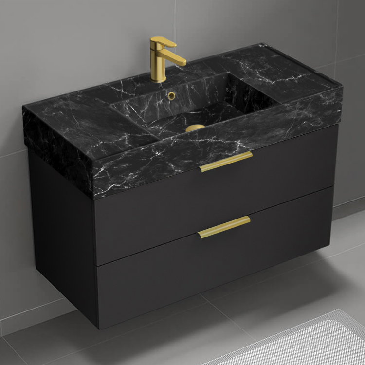 Bathroom Vanity Floating Black Bathroom Vanity, Modern, 40 Inch, Black Marble Style Sink, Gold Handles Nameeks DERIN907
